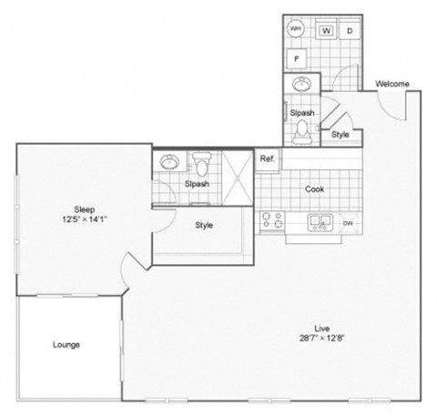 Floor plan for 1 bed, 1 bath, 1087 sqft